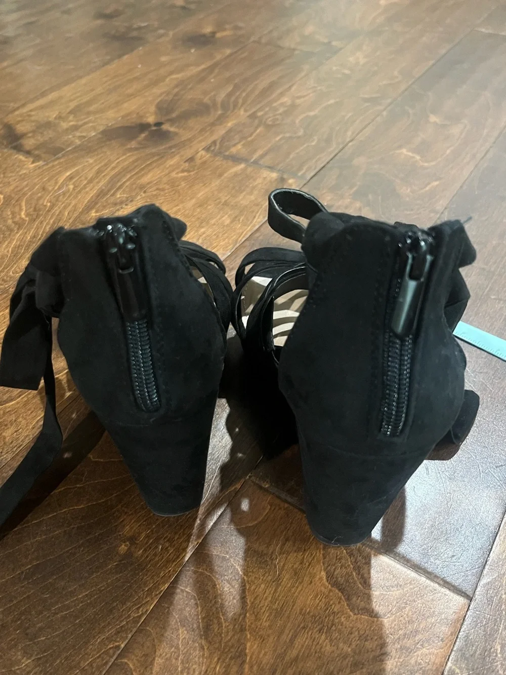 Torrid Black Suede Strappy Lace-Up Ankle-Wrap wedge sandals size WW 6.5